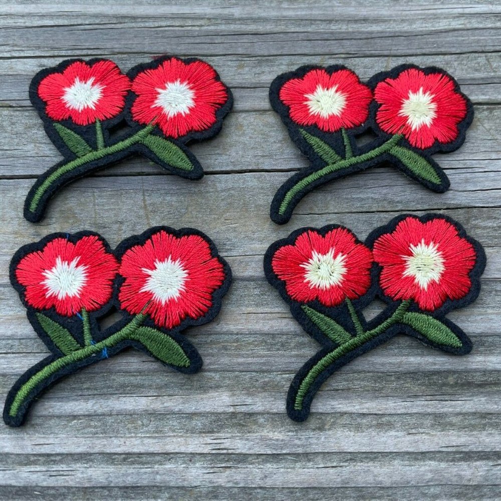 Embroidery Iron On Patches Red Flower Lot of 4 Applique Patches Craft Cloth kids